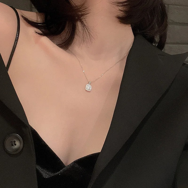 925 Sterling Silver Square Necklace Shiny Zircon Geometric Shape Pendant Simple Charm Women Choker Day Gift Fine Jewelry