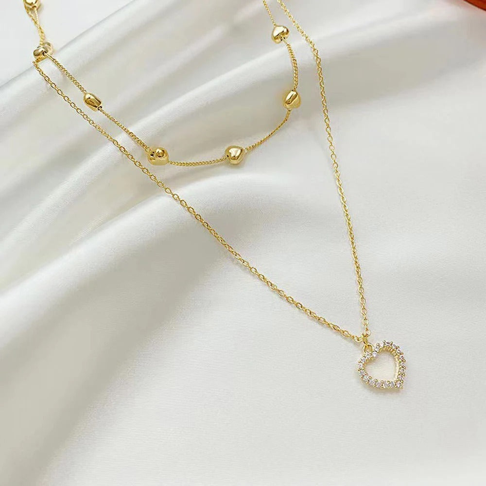 2025 New Gold Color Double Layer Heart Necklace Zircon For Women Clavicle Chain Elegant Charm Wedding Pendant Jewelry