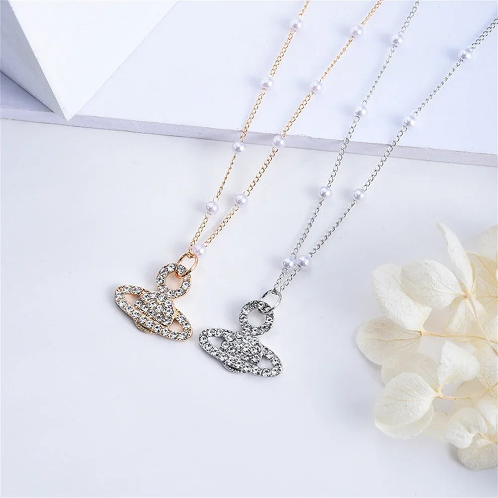 Cute Star Zircon Necklace for Women Planet Pendant Bead Chain Jewelry Girlfriends Party Gift