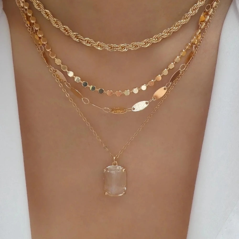 Multi-layered Stainless Steel Square Necklace For Women Color Rectangular multicolor Crystal Pendant Necklaces Trendy Jewel