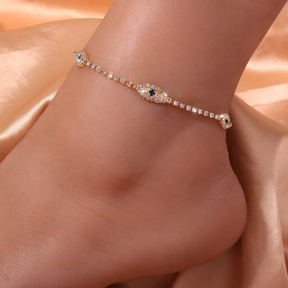 Summer Beach Rhinestone Blue Evil Eye Ankle Bracelet for Women Bohemian Tennis Sandals Beach Anklet Jewelry Accessories Gift