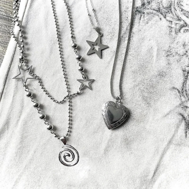 Stainless Steel Spiral Pendant Necklace, Layered Choker Star Charm Necklace, Grunge Y2K Cyber Fairycore Jewelry, Subversive Archive Alt Fashion Gift