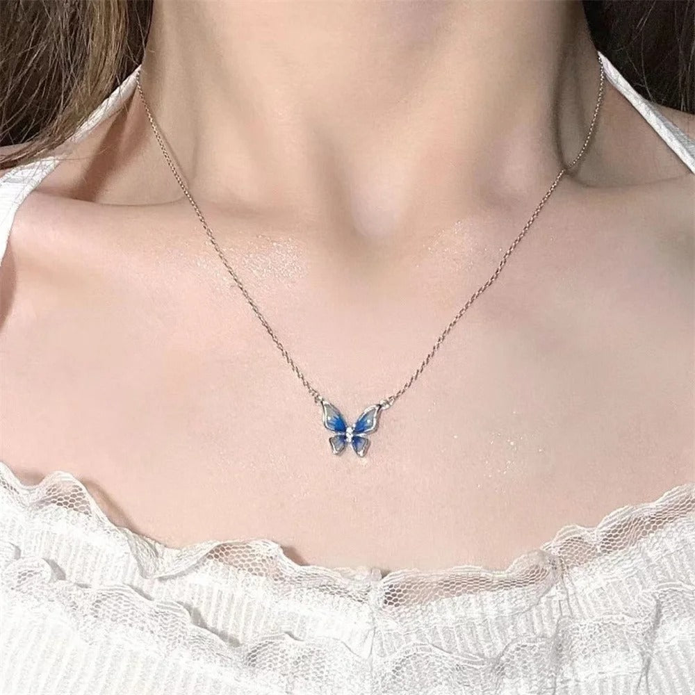 Simple Gradient Color Butterfly Pendant Necklace Fashionable Collarbone Chain Necklace For Women Trendy Jewelry Accessories
