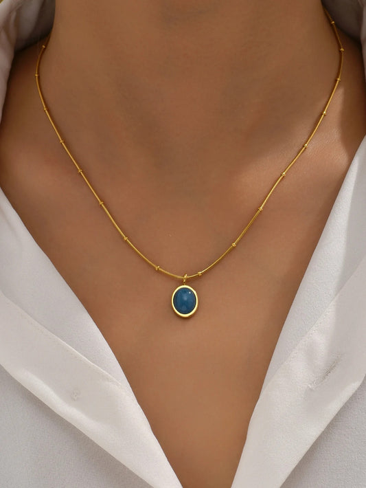 Star Sea Blue Oval Aquamarine Necklace collarbone Chain stainless steel plated 18K gold