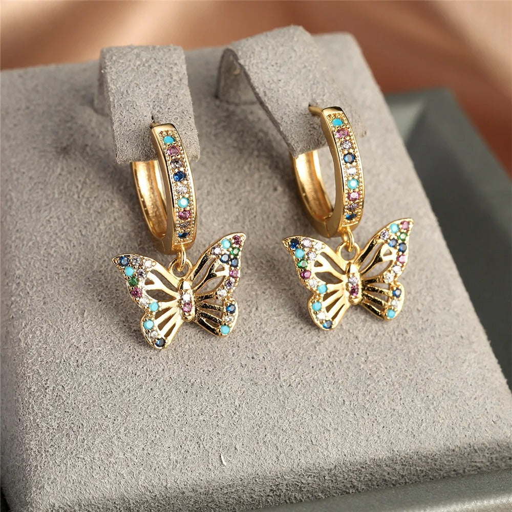 Cute Female Colorful Butterfly Round Zircon Stone Hoop Earrings Gold Color Unique Girlfriend Gifts Wedding Jewelry For Women