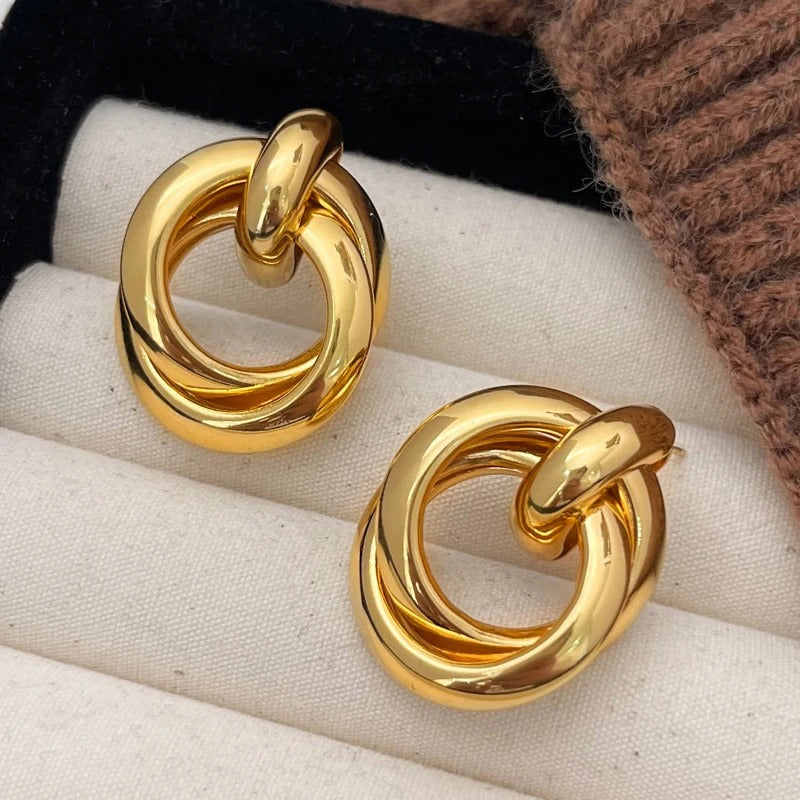 Double Layer Round Circle Dangle Earrings for Women Vintage Simple European Golden Metal Drop Earrings Jewelry Gift