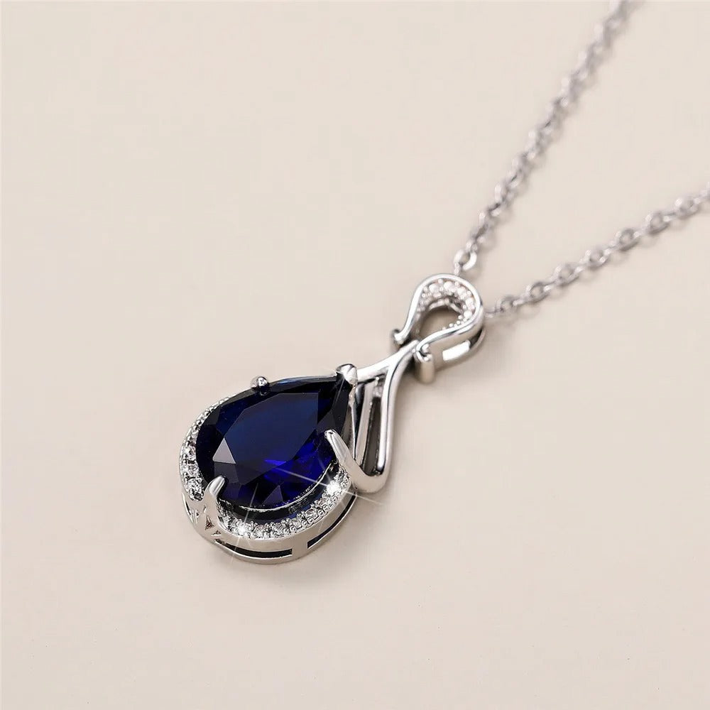 Blue Water Drop Cubic Zirconia Pendant Necklace Anniversary Party Elegant Lady's Neck Accessories Women Trendy Jewelry