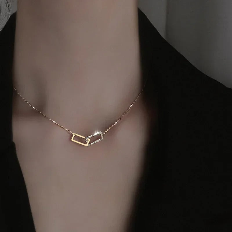 New 925 Sterling Silver Geometric Necklace Shiny Rectangle Pendant Set with Cubic Zirconia Necklace for Girls Fine Jewelry