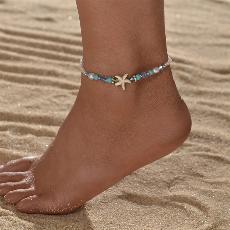 Gold Color Double Layer Anklet for Women Star Pearl Starfish Zircon Pineapple Anklets Bracelets Foot Chain Beach Jewelry