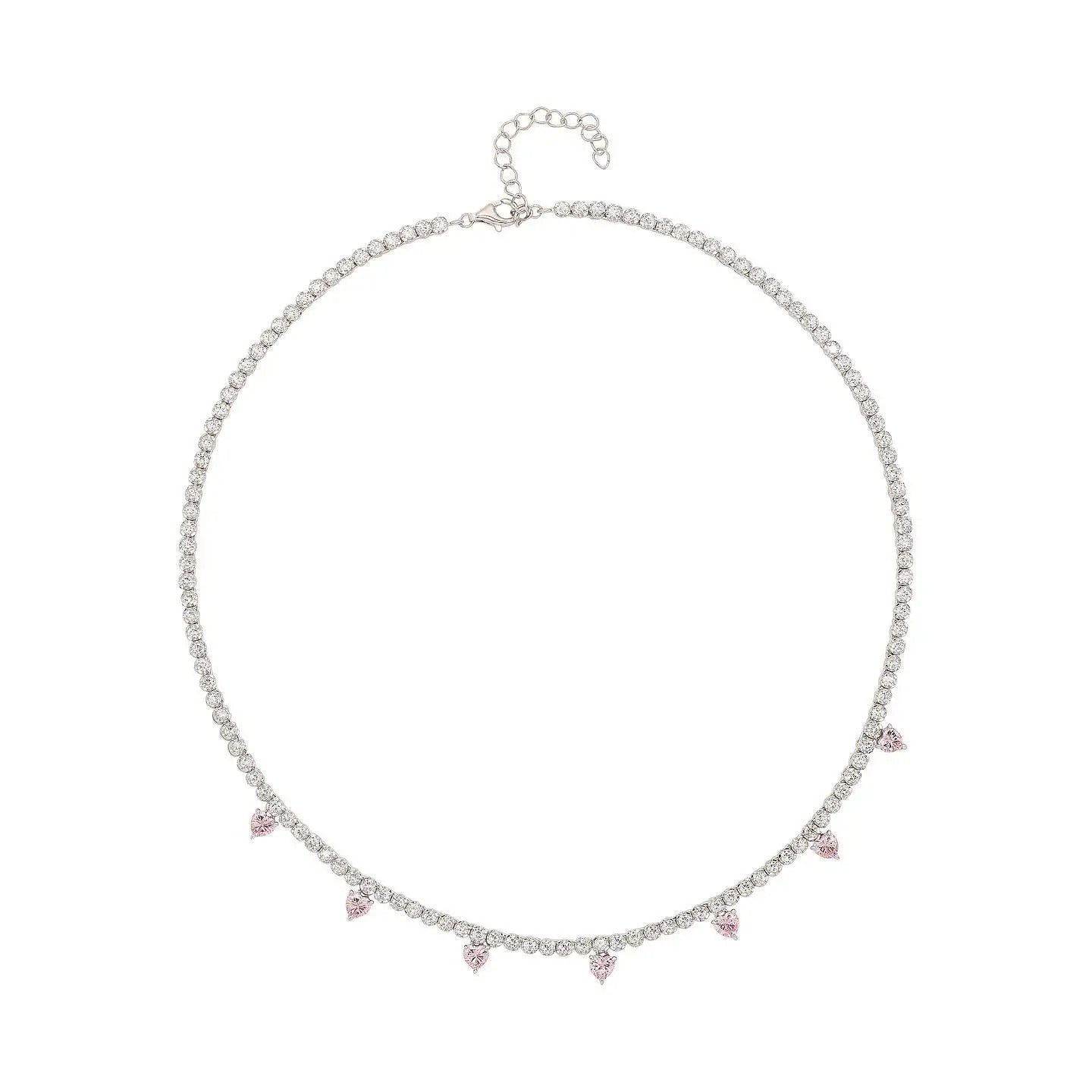 2MM Thin CZ Tennis Chain Pink Heart Shaped Cubic Zirconia Drop Charm Sparking Women Fashion Choker Necklace
