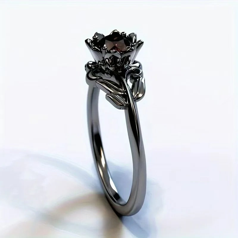 Ladies Flower Ring Gun Black Electroplated Zircon European Style