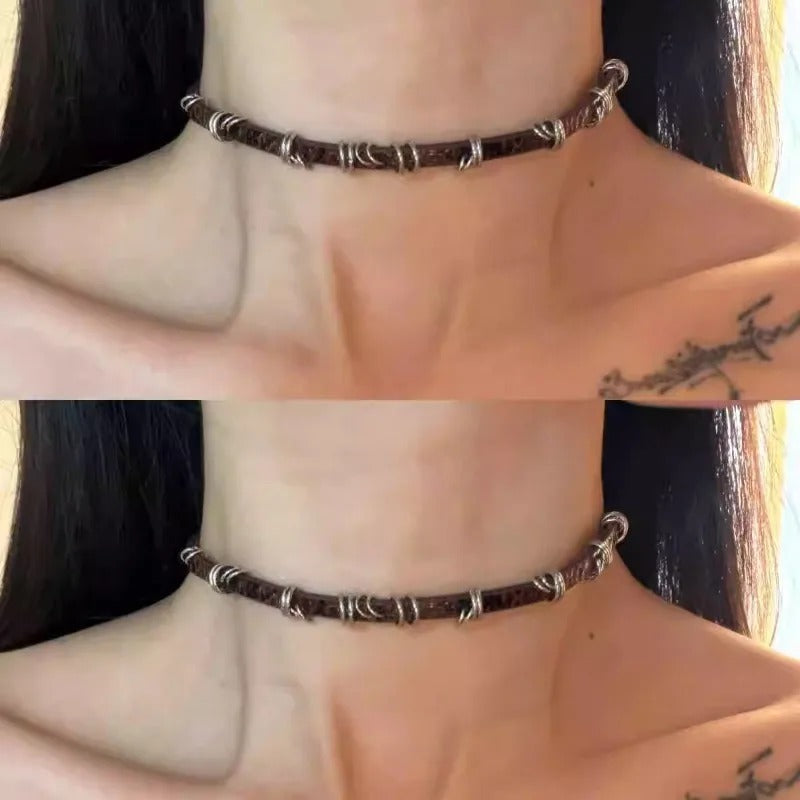 Gothic Brown Vintage Irregular Metal Circle Fine Leather Necklace Choker Sweet Cool Retro Leather Collar Choker Jewelry Y2K