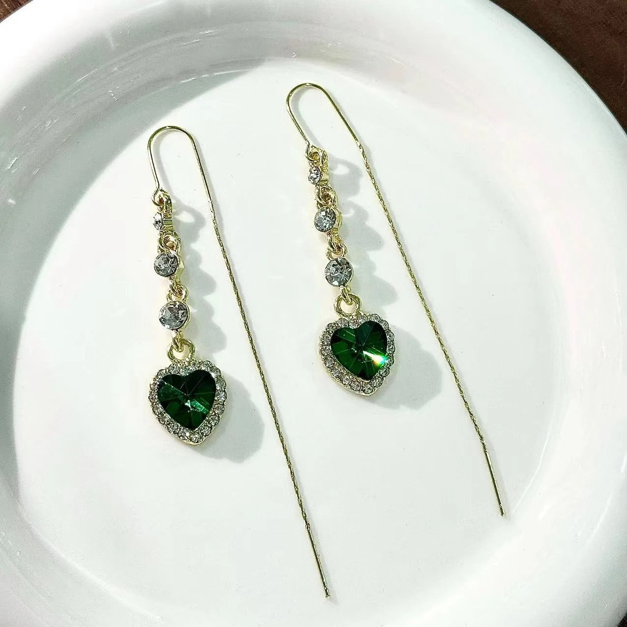 Luxury Temperament Green Zircon Drop Earrings For Women Heart Shape Fashion Long Tassel Rhinestone Earring Wedding Party Jewelry