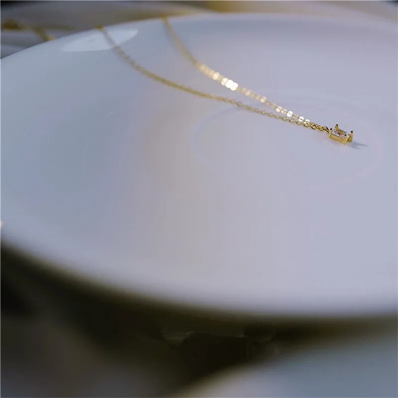 925 Sterling Silver French Small Square Diamond Pendant 14k Gold Plating Necklace Women Fashion Shiny Clavicle Chain Jewelry