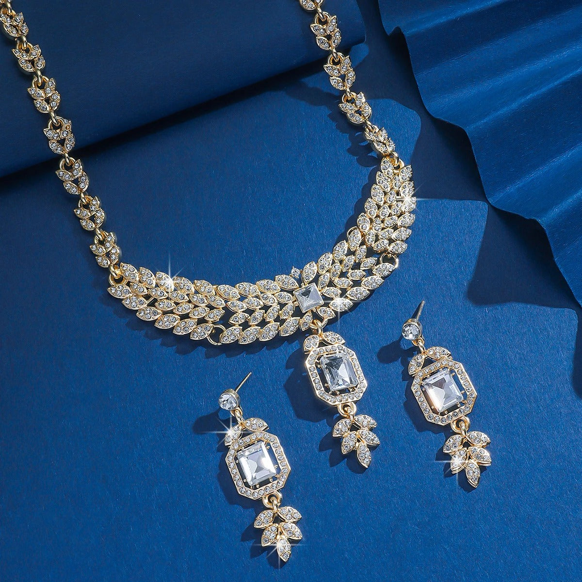 3PC Women's Fashion Geometric Square Leaf Necklace Earrings Jewelry Set, Suitable for Wedding and Festival Gifts