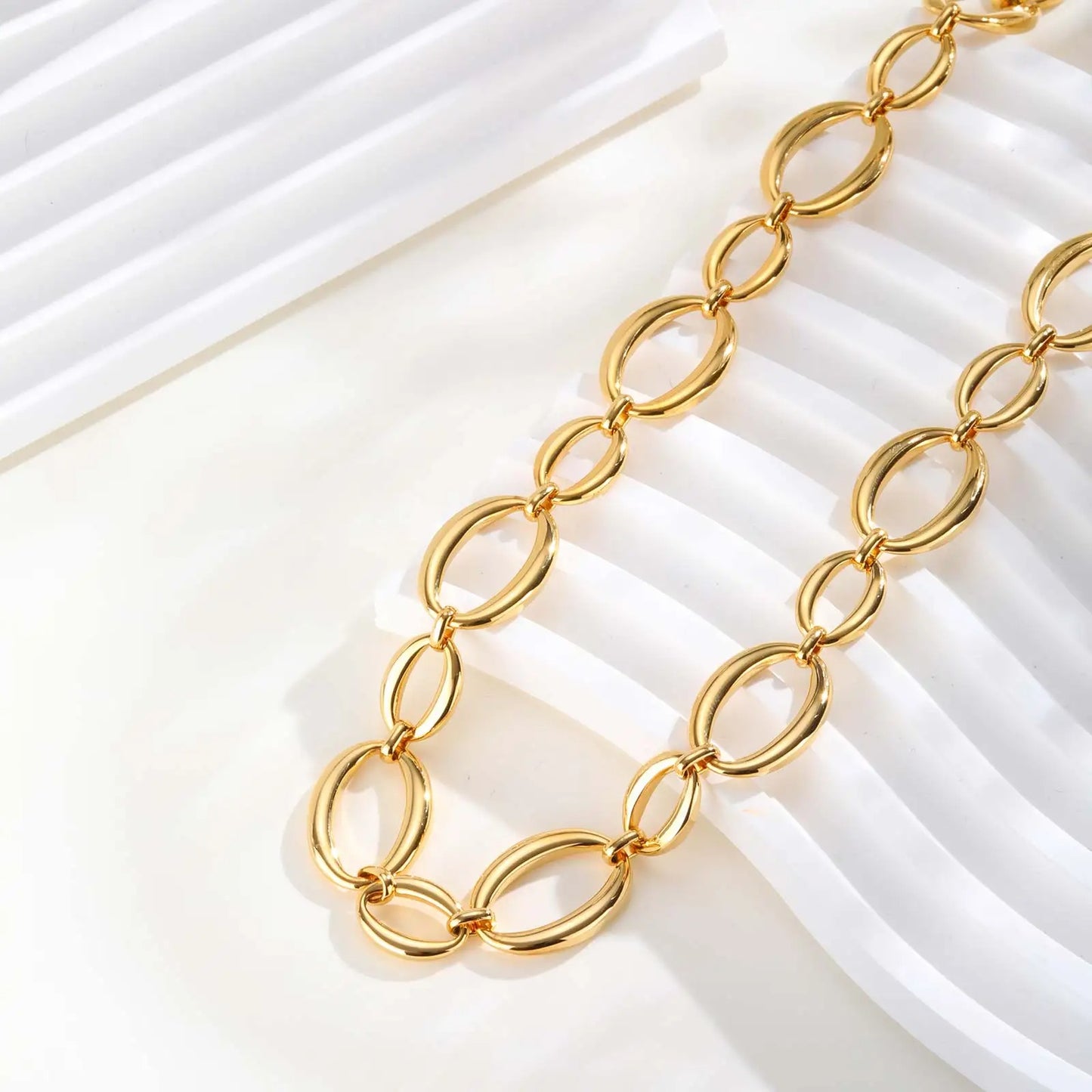 Thick Oval Chain Necklace Gold Plated Stainless Steel Women