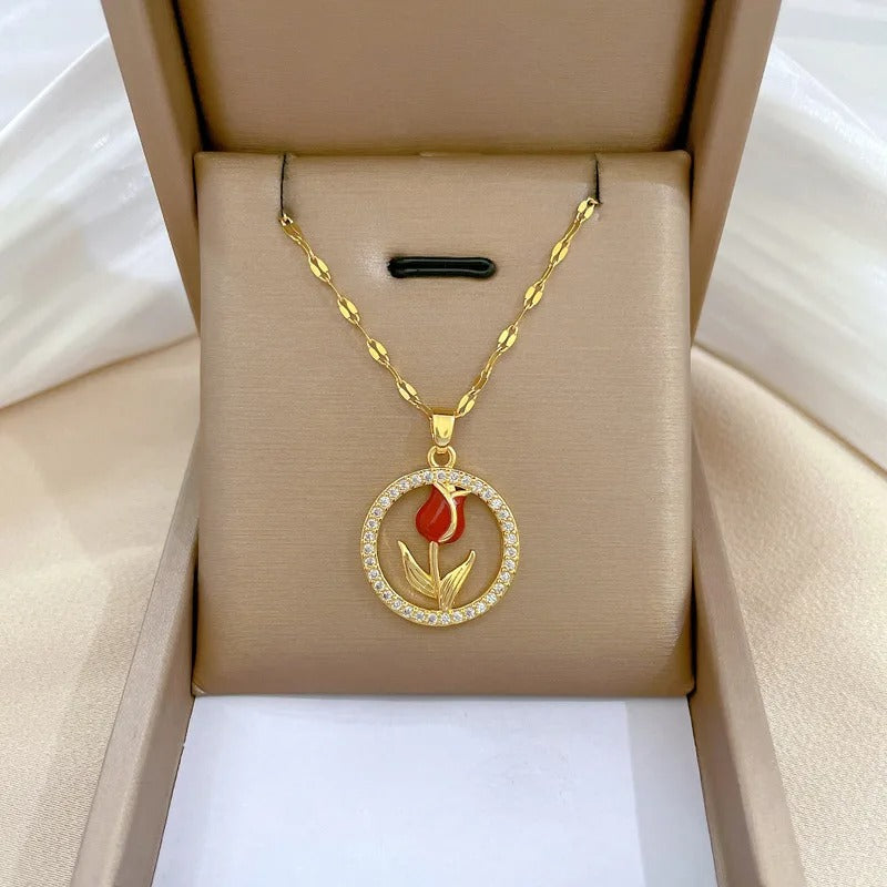 Charming and Elegant Tulip and Rose Pendant Necklace with Hollow Circle Design