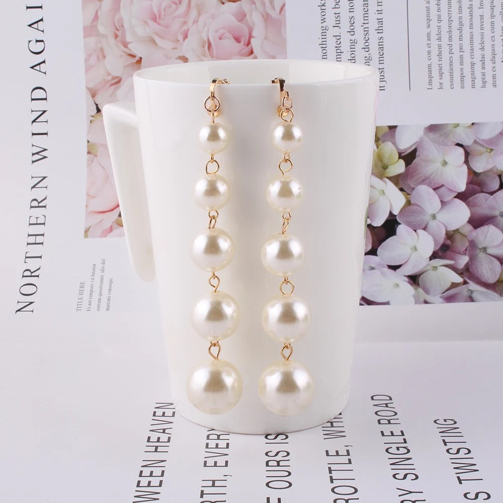 JIOFREE new design Trendy long Big Simulated Pearl Clip on Earrings Pearls String Statement Earrings For Wedding Party Gift