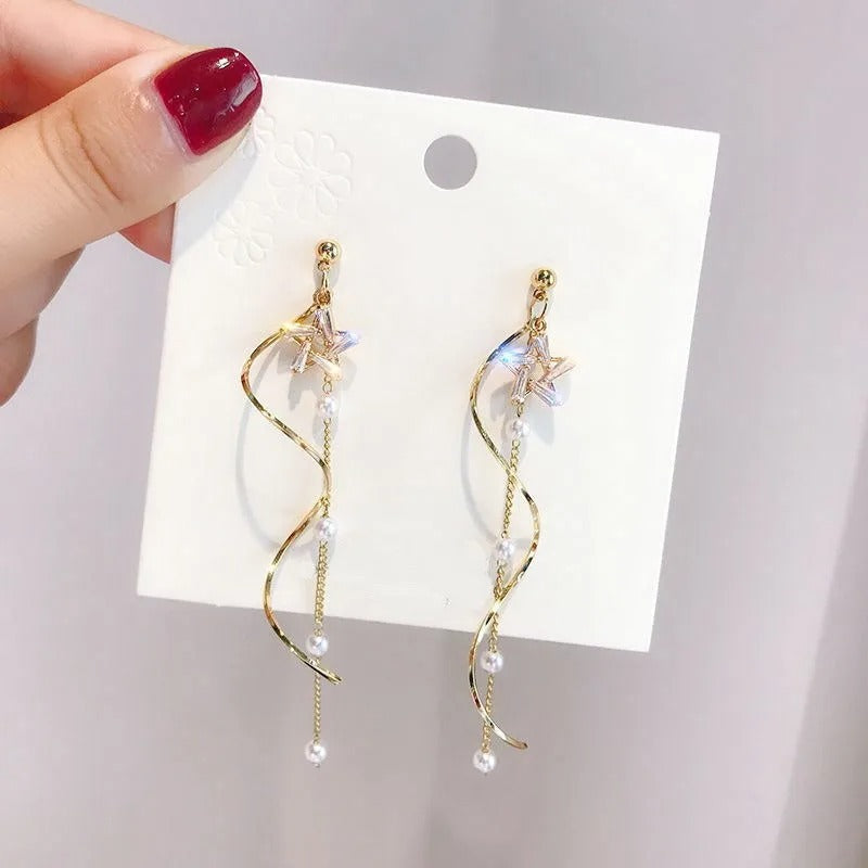 Exquisite Crystal Star Wavy Long Tassel Drop Earrings for Women Fashion Imitation Pearl Chain Dangle Earring Jewelry Gift