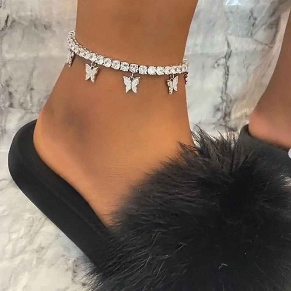 Fashion Butterfly anklet Rhinestone Tennis Chain Foot Chain Jewelry for Women Summer Beach Anklet Butterfly Barefoot Chain