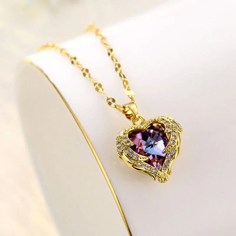 Luxury Colorful Crystal Ocean Heart Pendant Necklace For Women Fashion Stainless Steel Neck Chain Female Wedding Jewelry