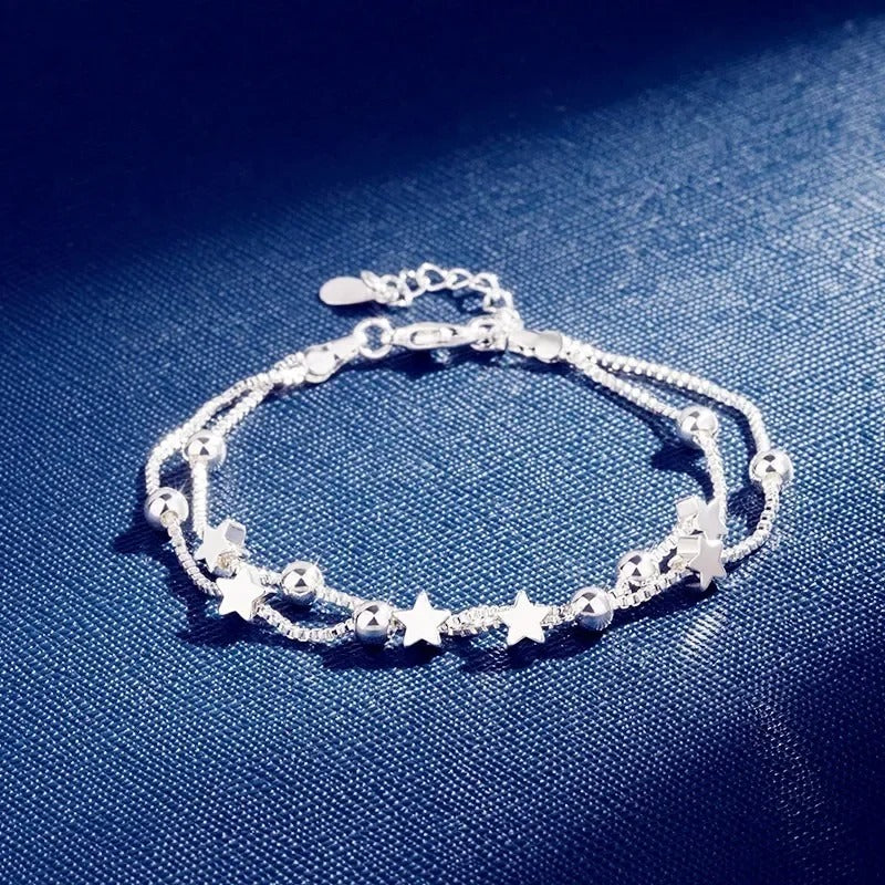 Sterling Silver Double Layers Stars Beads Bracelets for Women Elegant Box Chain Charm Bracelet Birthday Party Gift