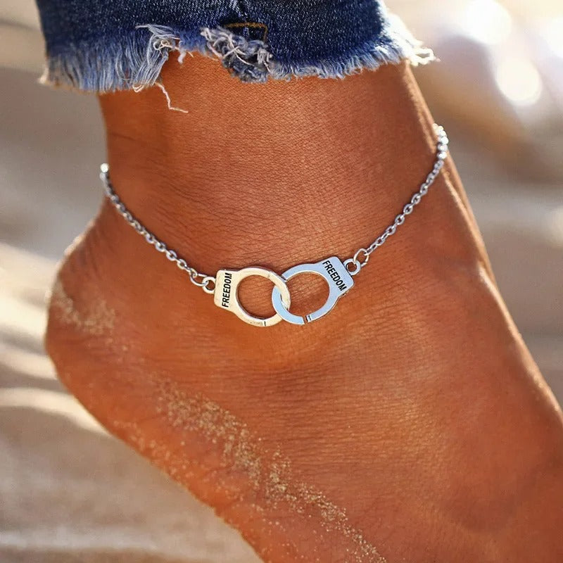 New Fashion Gold Color Handcuffs Beach Anklets For Women Trendy Foot Jewelry Freedom Letters Leg Bracelet Gift For Girl