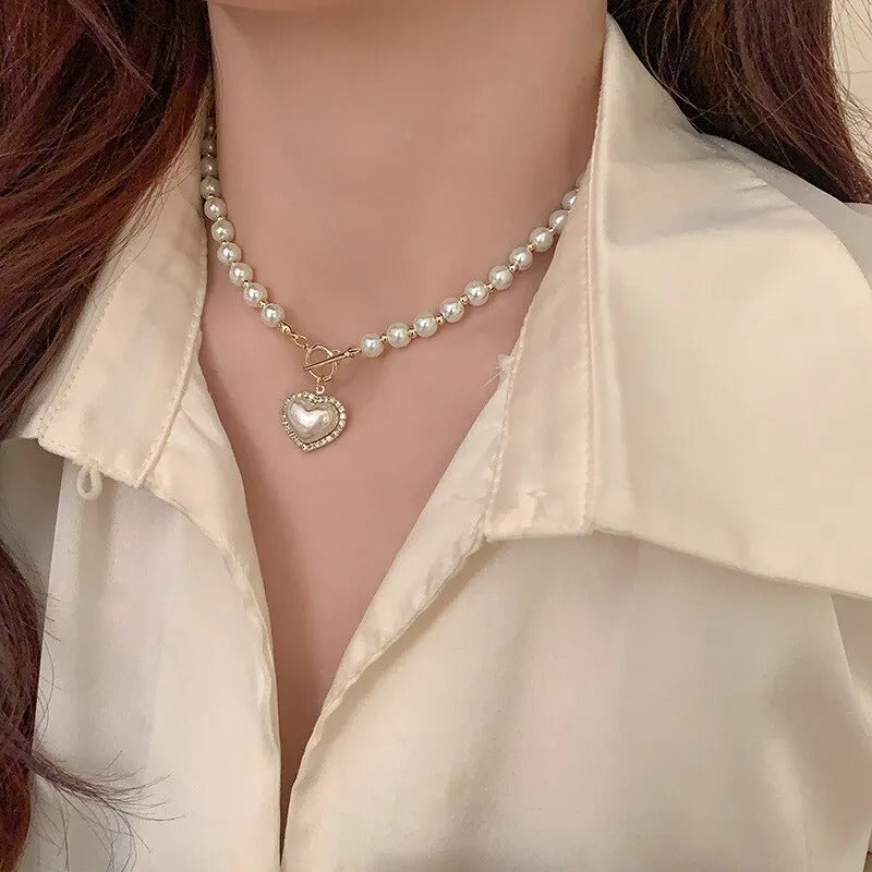 Elegant Pearl Necklace For Women Heart Pendant Necklaces Luxury Imitation Pearls Chain Necklaces Jewelry Girls Gifts