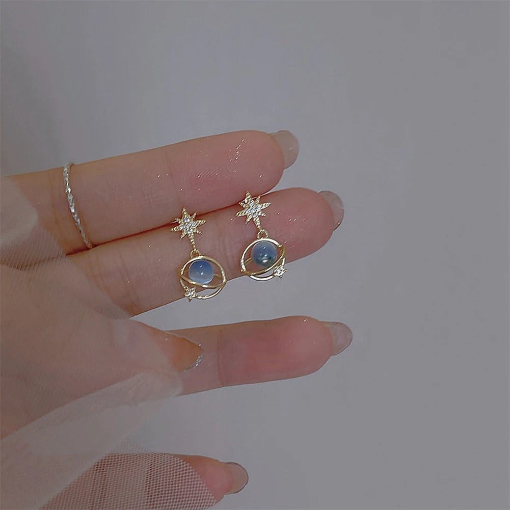 Cosmic star and river earrings for women, unique blue opal niche planet earrings, versatile ear jewelry