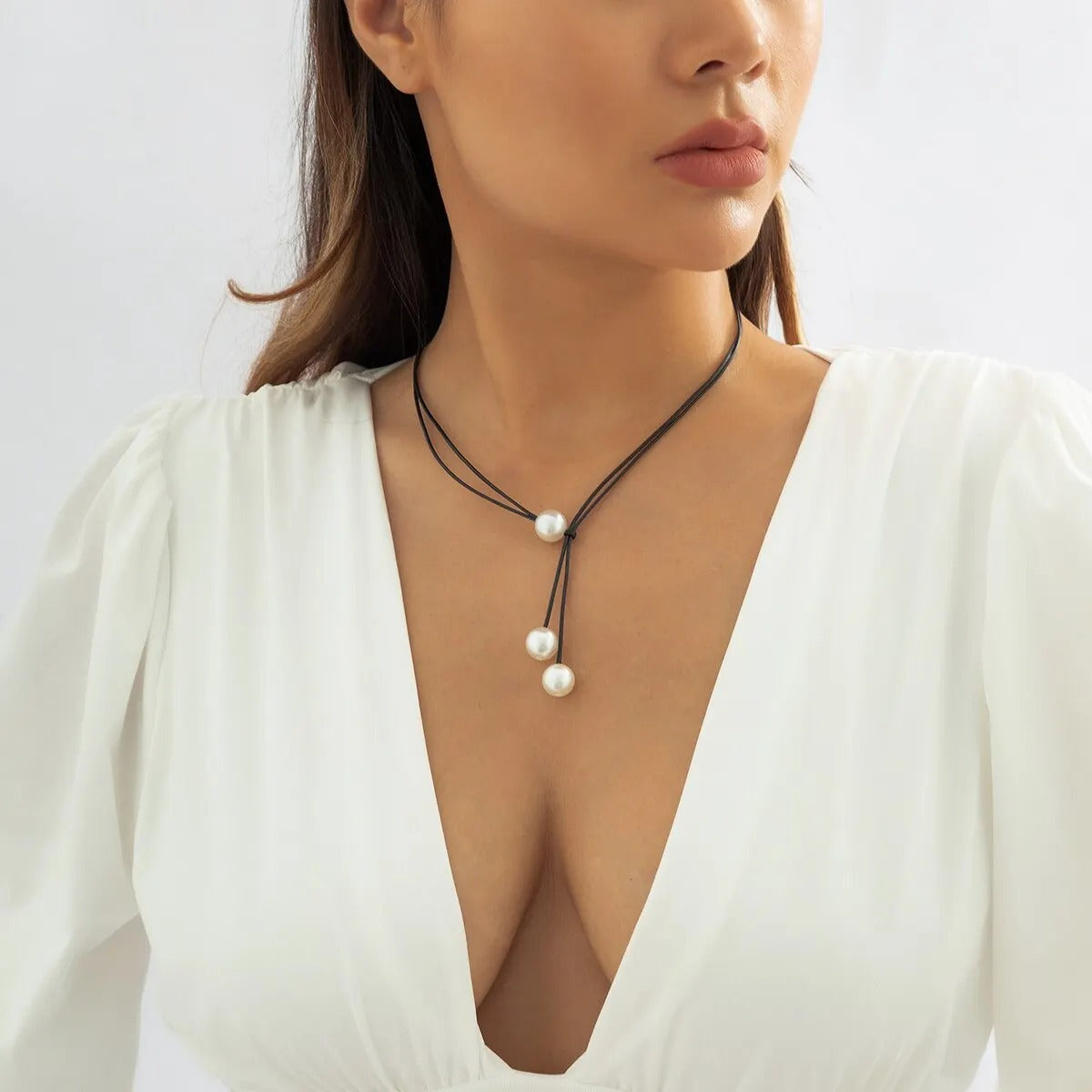 Goth Simple Black Color Adjustable Rope Chest Chain Necklace for Women Sexy Handmade Imitation-Pearl Pendant Choker Jewelry Gift