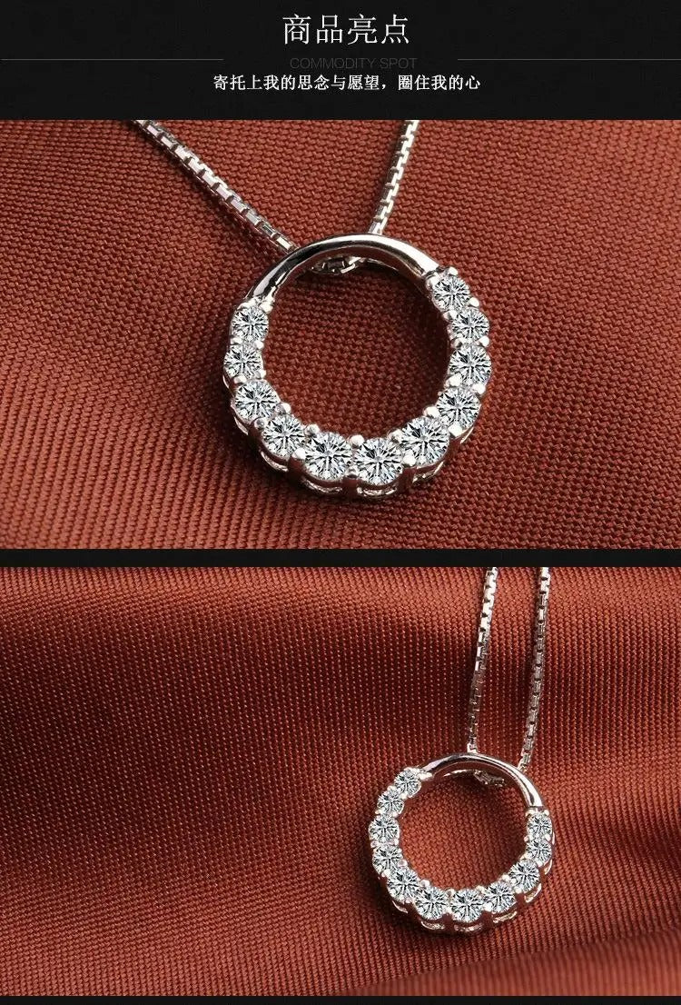 925 Silver Zircon Crystal Circle Pendant Necklace Gift for Women