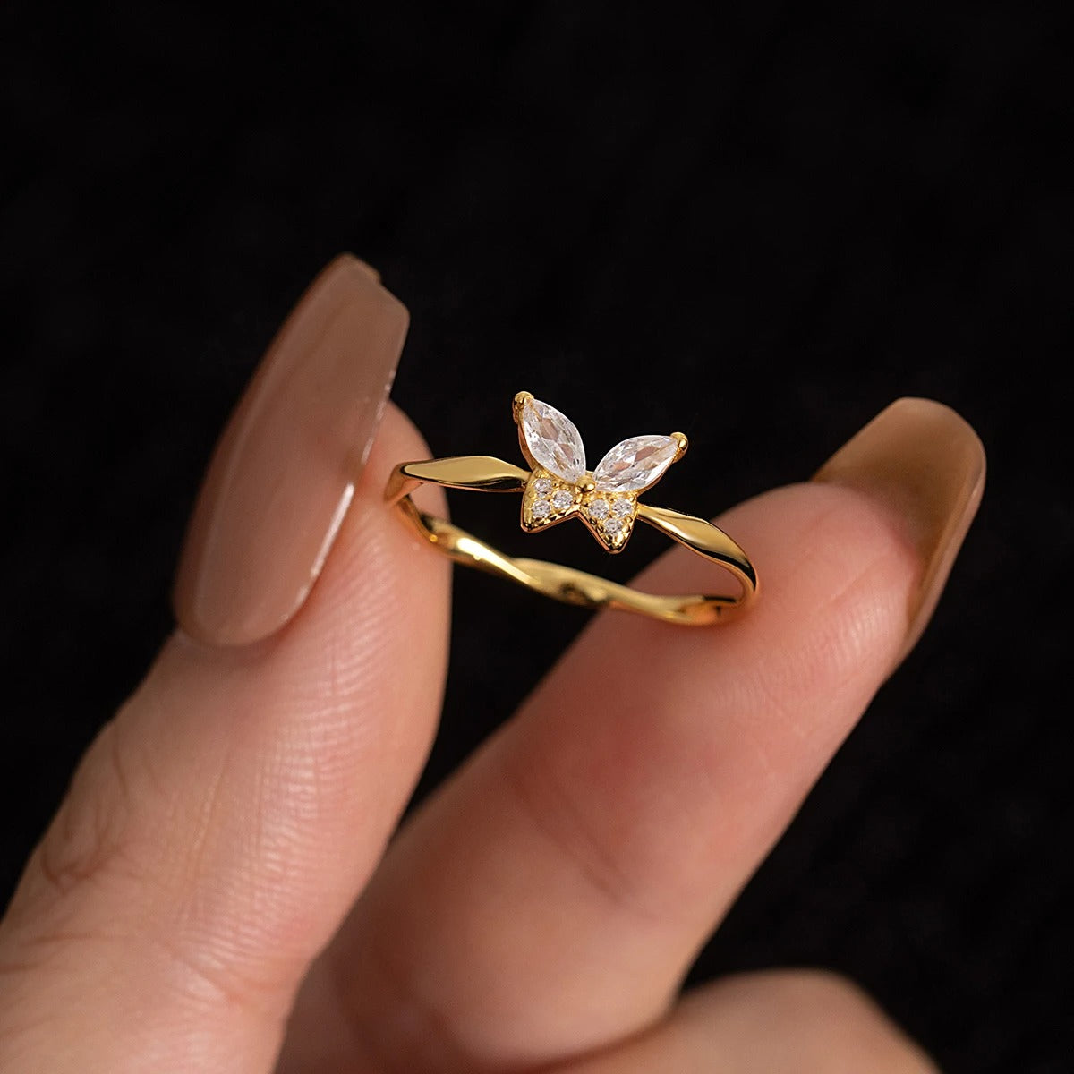 Real 925 Sterling Silver 18k Gold Plating Twisted Cubic Zirconia Butterfly Ring For Women Fine Jewelry