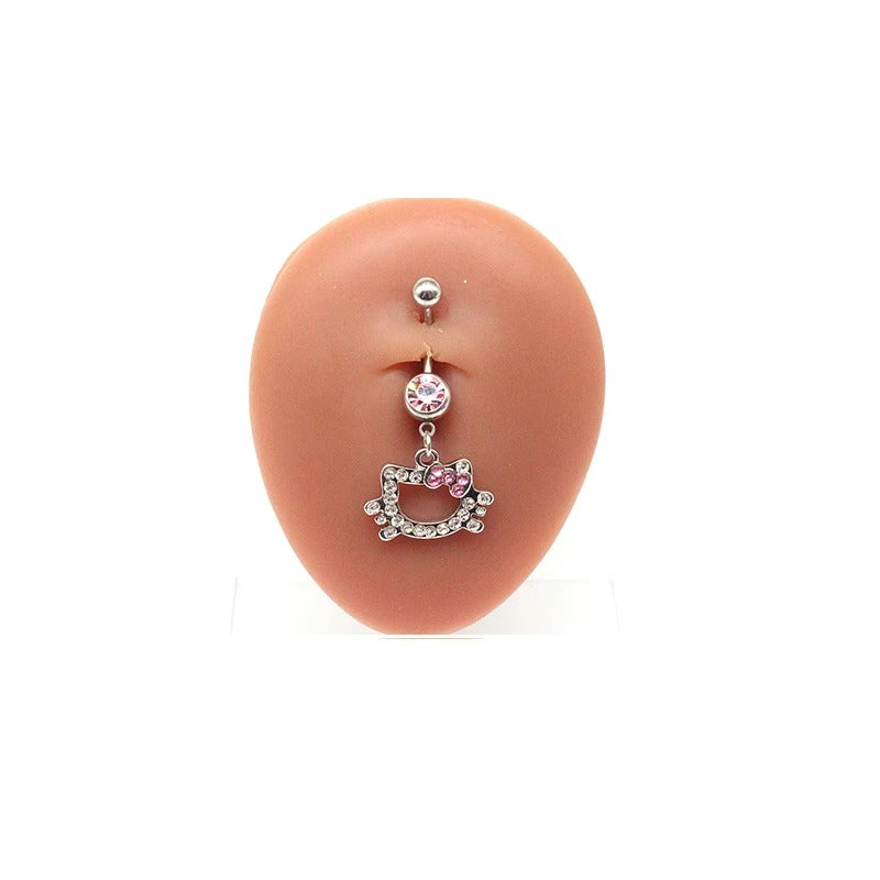 Trendy Pink Butterfly & Cute Cat Navel Ring – Stainless Steel Belly Button Piercing for Women