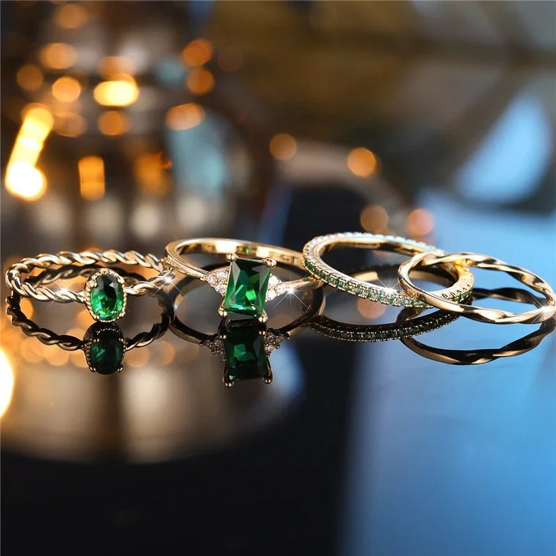 Luxury Green CZ Rings Bridal & Engagement Jewelry Set