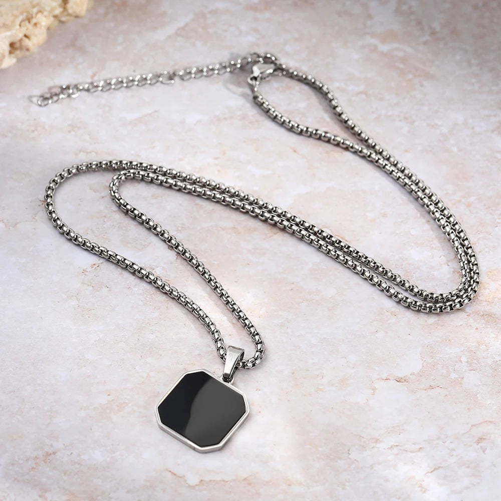 Stainless Steel Black Geometric Square Pendant Necklace Men And Women Design Sense Temperament Sweater Chain Jewelry