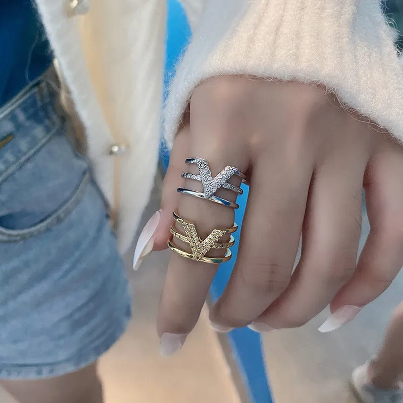 LIVVY Fashion Silver Color V-shape Three-layer Zircon Adjustable Rings For Woman Fashion High-end Trend Jewelry Accessories
