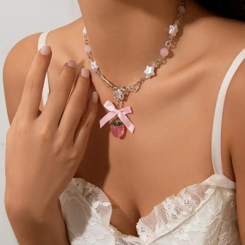 2025 New Cute Bowknot White Pentagram Pink Strawberry Pendant Choker Necklace Goth Vintage Y2K Girls Rave Jewelry Accessories