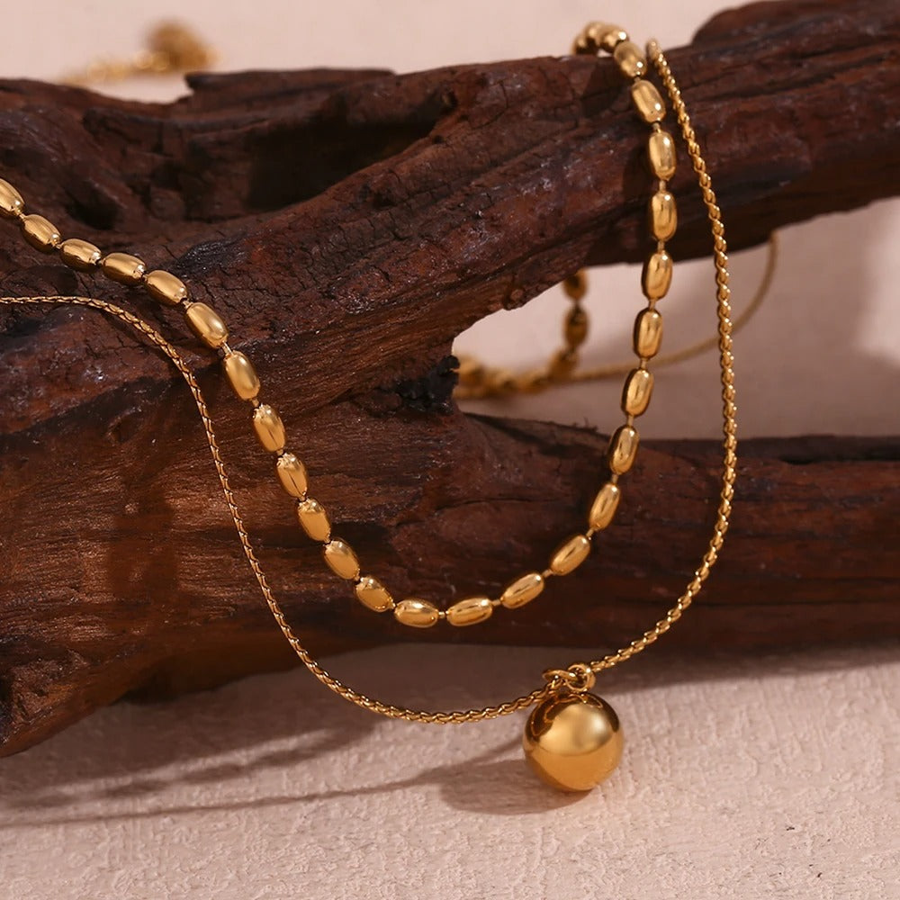 E.B.belle Simple Double-layer Rice bead Pendant Necklace 316L Stainless Steel Decoration 18K Gold Plated Jewelry