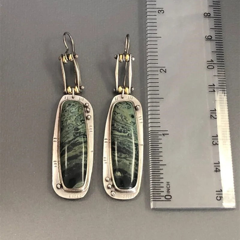 Trendy Long Carving Green Pattern Hook Earrings for Women Vintage Metal Two Tone Square Dangle Earrings Jewelry