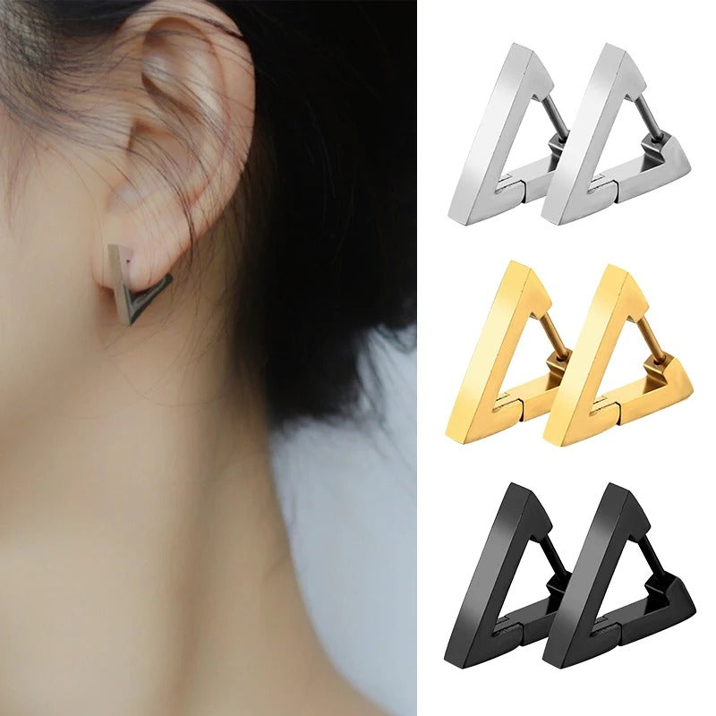 Geometric Triangles Stainless Steel Earrings Unisex Punk Hoop Earrings for Women Men Piercing Push-Back Ear Plug Jewelry