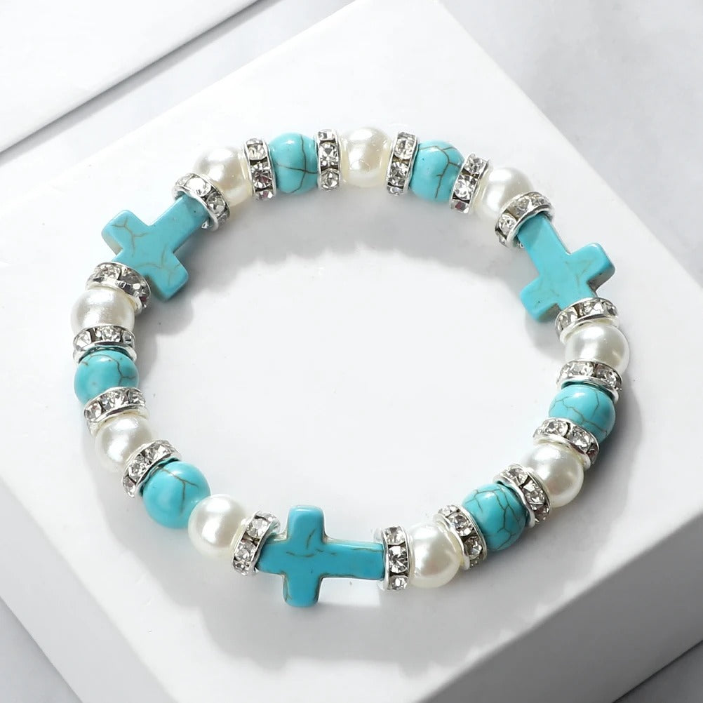 Natural Stone Rosary Cross Bracelet Crystal Pearl Beads Jewelry