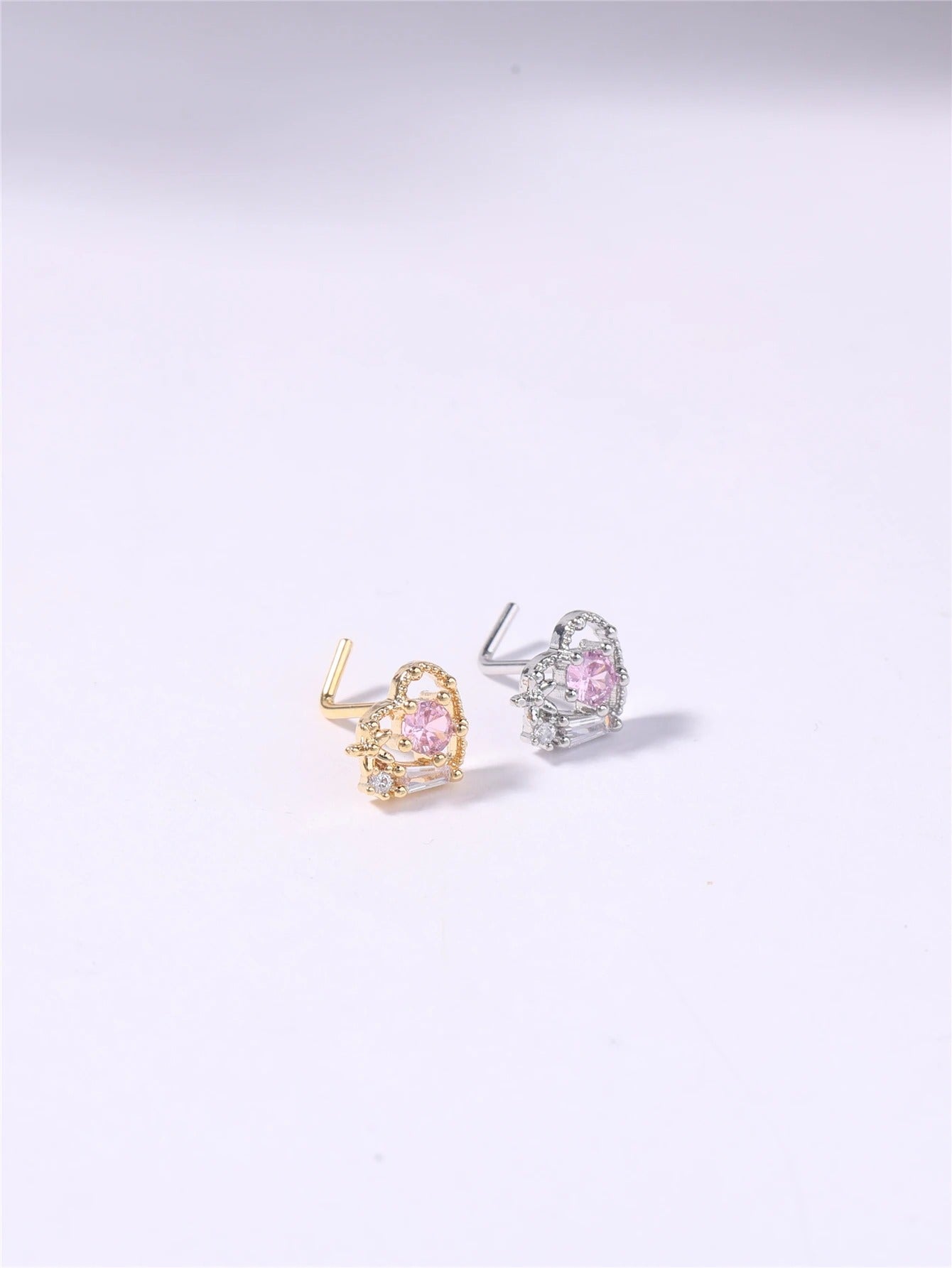 20G L Shaped Nose Studs Rings Cute Pink Heart CZ Shiny Love Stone Gold Silver Color Nose Piercing for Women Girl Nostril Jewelry
