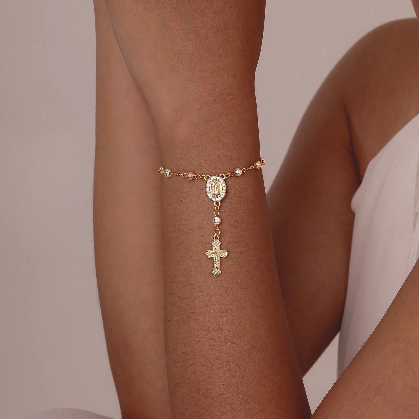 Catholic Cross Rosary Bracelet with Virgin Mary Charm – Baptism & Christening Gift for Women