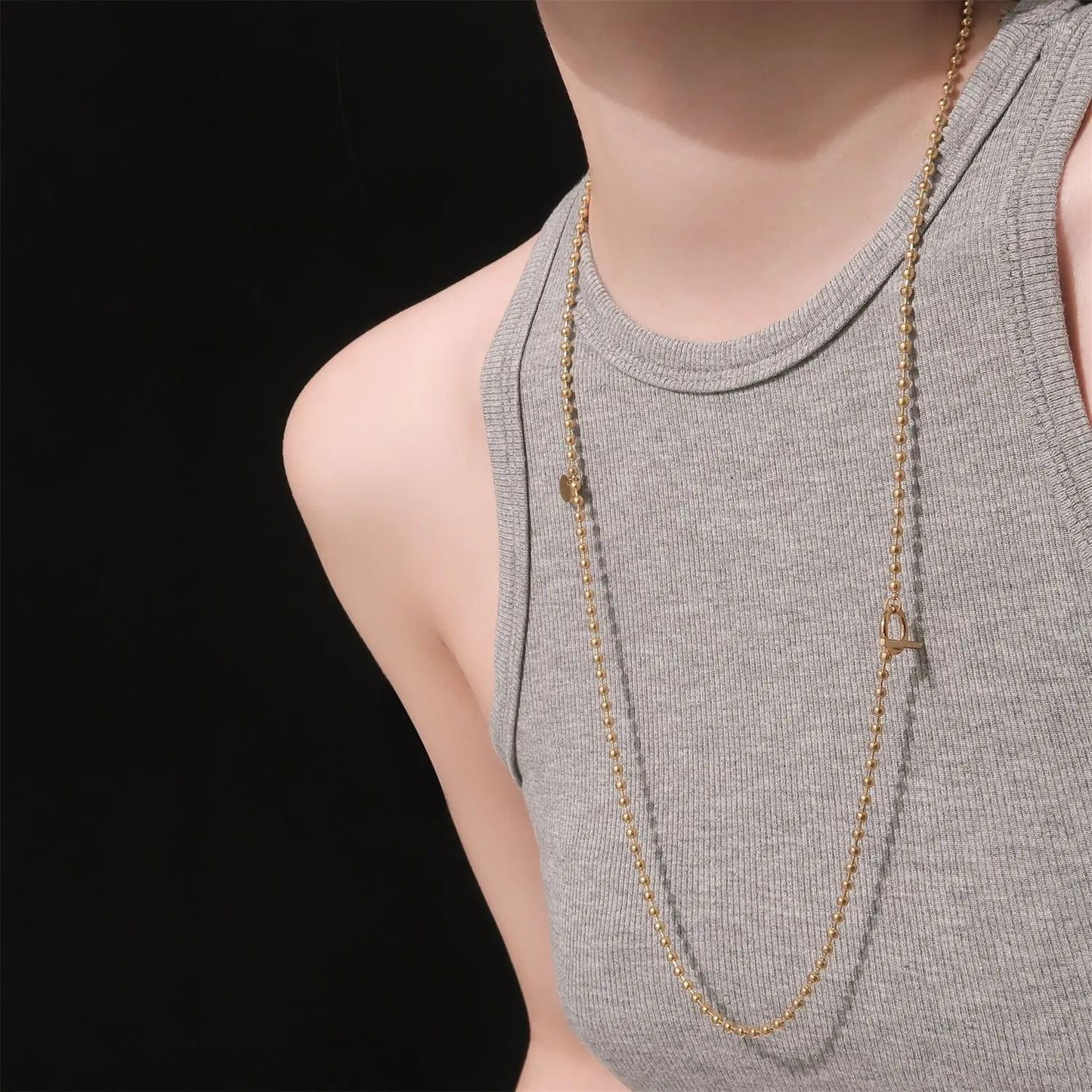 316L Stainless Steel New Design 70cm Long Chain Small Beads OT Buckle Necklace for Women Punk Hip-Hop Jewelry