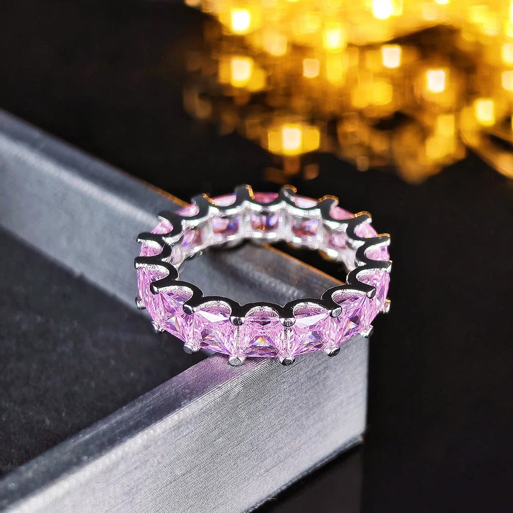 Luxury Pink Silver Color Aesthetic Wedding Band Eternity Ring for Women Gift Finger Lots Jewelry R4816