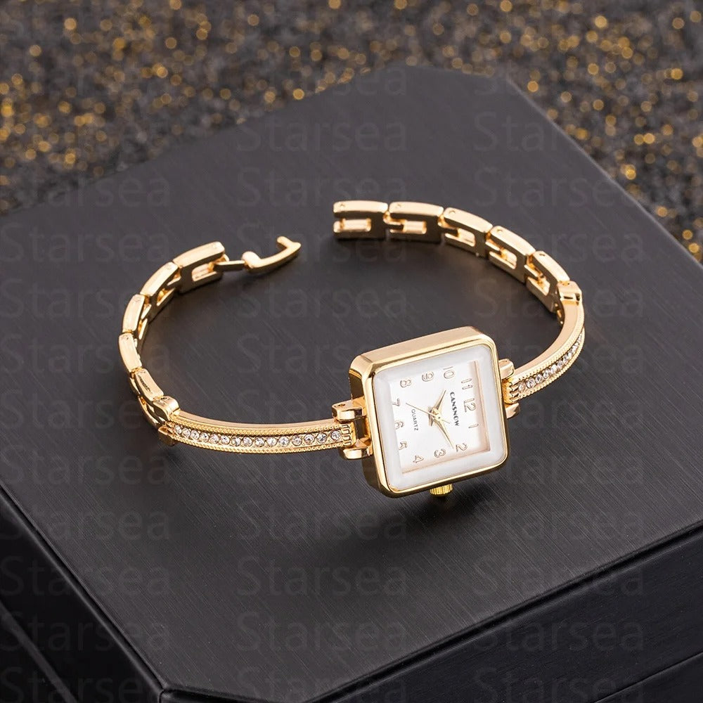 Fashion Square Rhinestone Women Bracelet Watch Luxury Brand Alloy Gold Quartz Watch Fashion Minimalist Ladies Watch