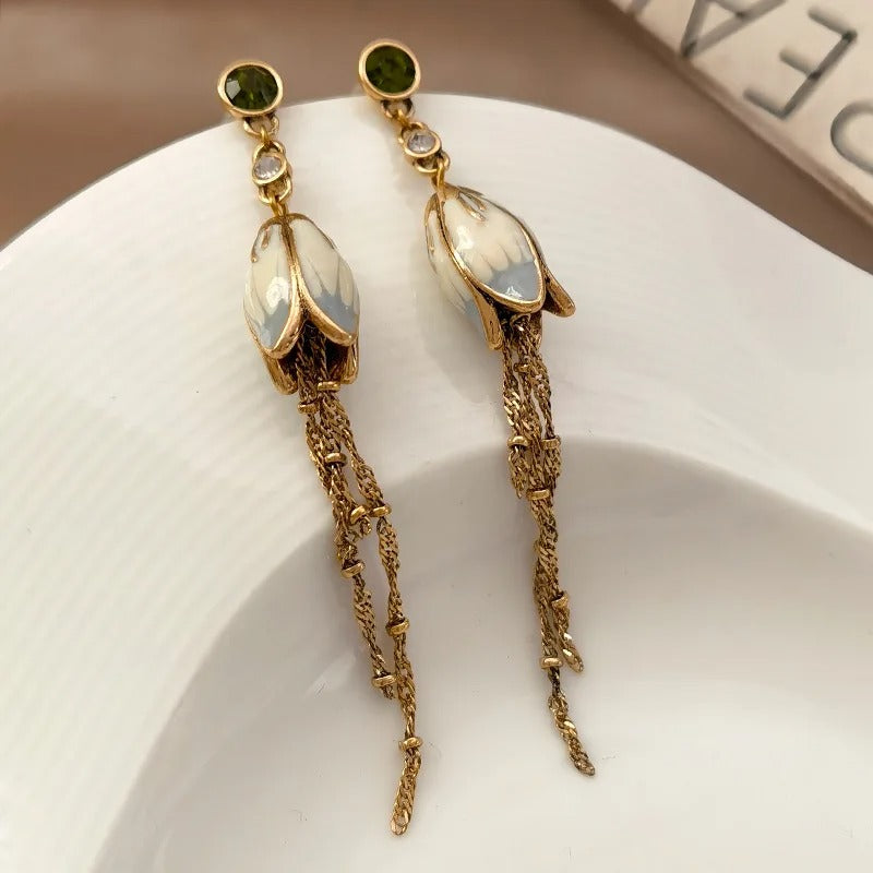 Trendy Jewelry Green Glass Pretty Lotus Long Chain Dangle Earrings For Women Girl Party Wedding Gift 2023 New