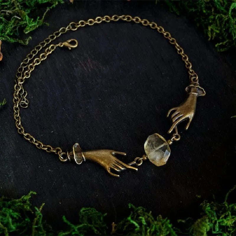 Witchy Chain Choker Hands Necklace Jewelry Magical Bronze Hands Yellow Druzy Citrine Stone Fashion Women Gift Pendant Statement