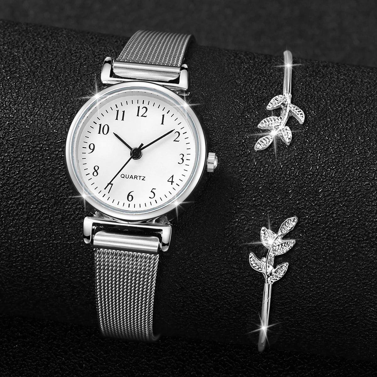 2PCS Fashion Arabic Dial Women Quartz Watch Steel Mesh Band Watches Opening Cuff Bracelet Bangle Set(Without Box)