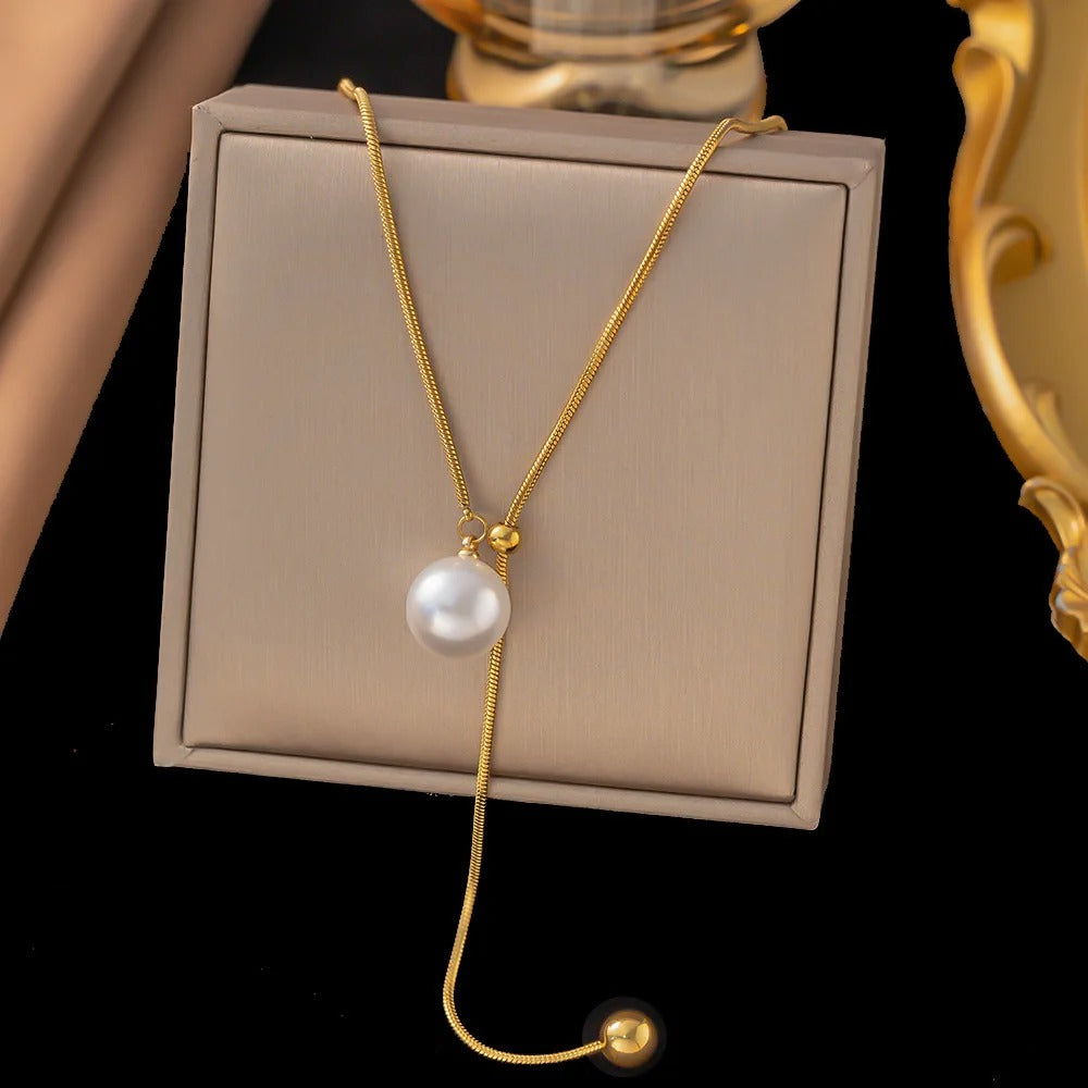 316L Stainless Steel Pearl Minimalist Pendant Necklace For Women Adjustable Slider Clasp Rope Chain Jewelry Party Gift